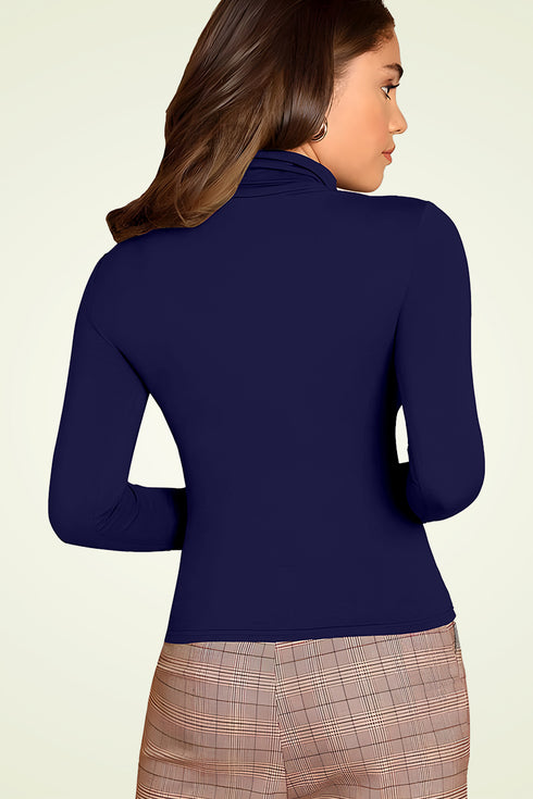 Women Navy Blue Highneck Full Sleeves T-Shirt